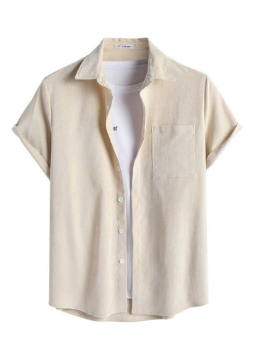Riolio Two Piece Outfits for Men Casual Basic Solid Corduroy Short Sleeves Button Up Shirt with Drawstring Shorts Set Z5092646